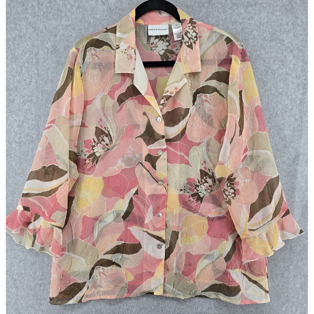 Alfred Dunner‎ Sheer Floral Blouse Sz 14 Chiffon Crinkle 3/4 Sleeve Layering